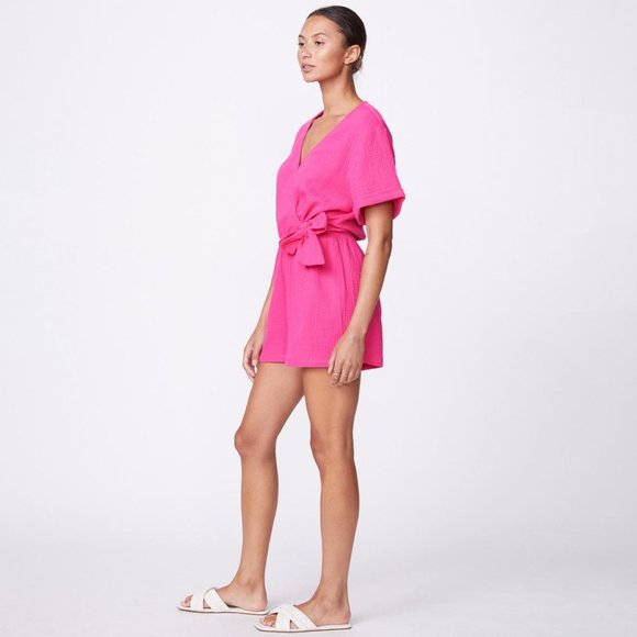 MONROW Gauze Wrap Romper In Raspberry - Picture 3 of 4